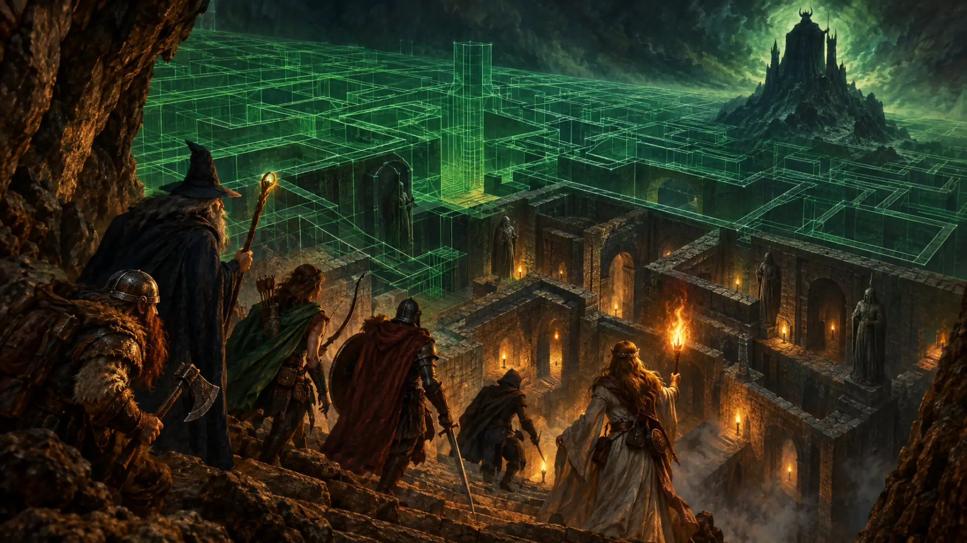 Painting: a party of six adventurers descending into a vast wireframe labyrinth of green lines, the corridors becoming stone.
