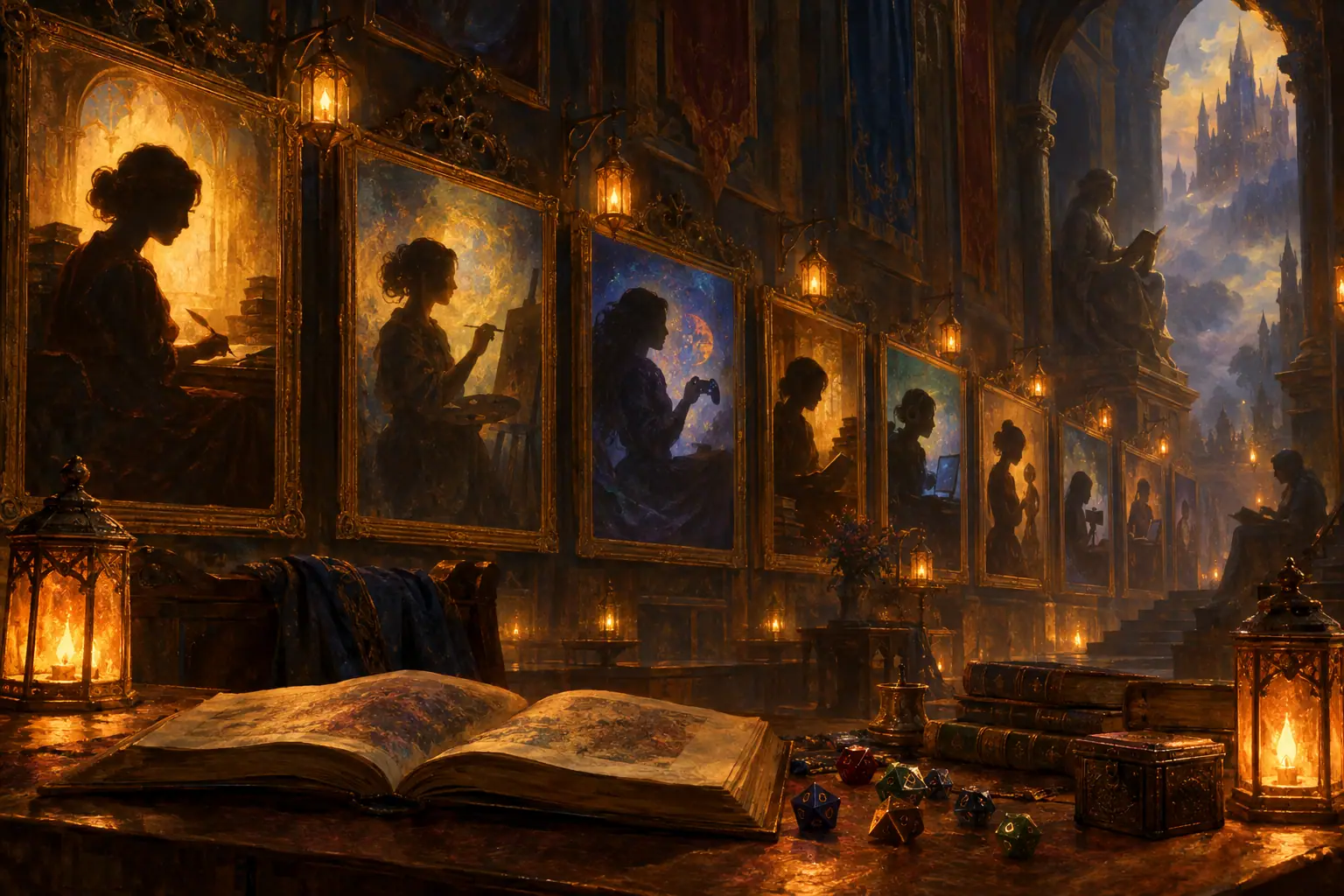 Painting: a great hall of portraits of anonymous women writers, artists and game designers in silhouette, lit by warm lanterns.