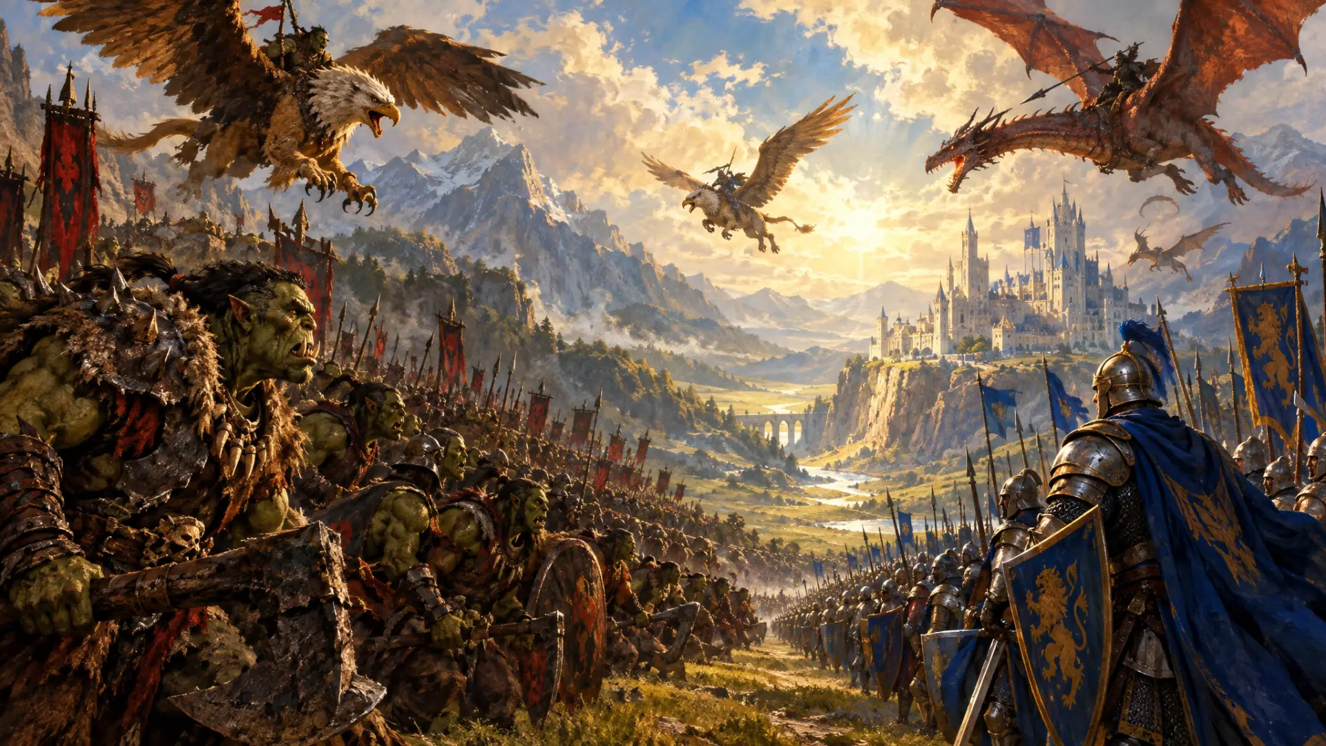 Painting: two great fantasy armies, one of tusked orcish warriors and one of armored humans, facing each other across a sunlit valley.