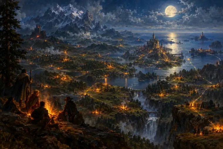 Painting: countless glowing campfires of adventurers spread across a moonlit continent, connected by threads of light.